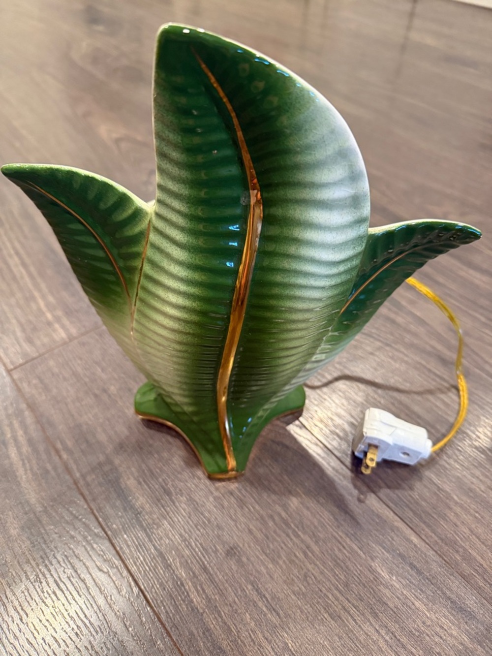 Green Ceramic Leaf Table Lamp with Gold Accents